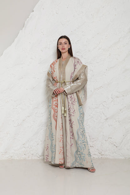 Beige Embroidered Linen Kaftan