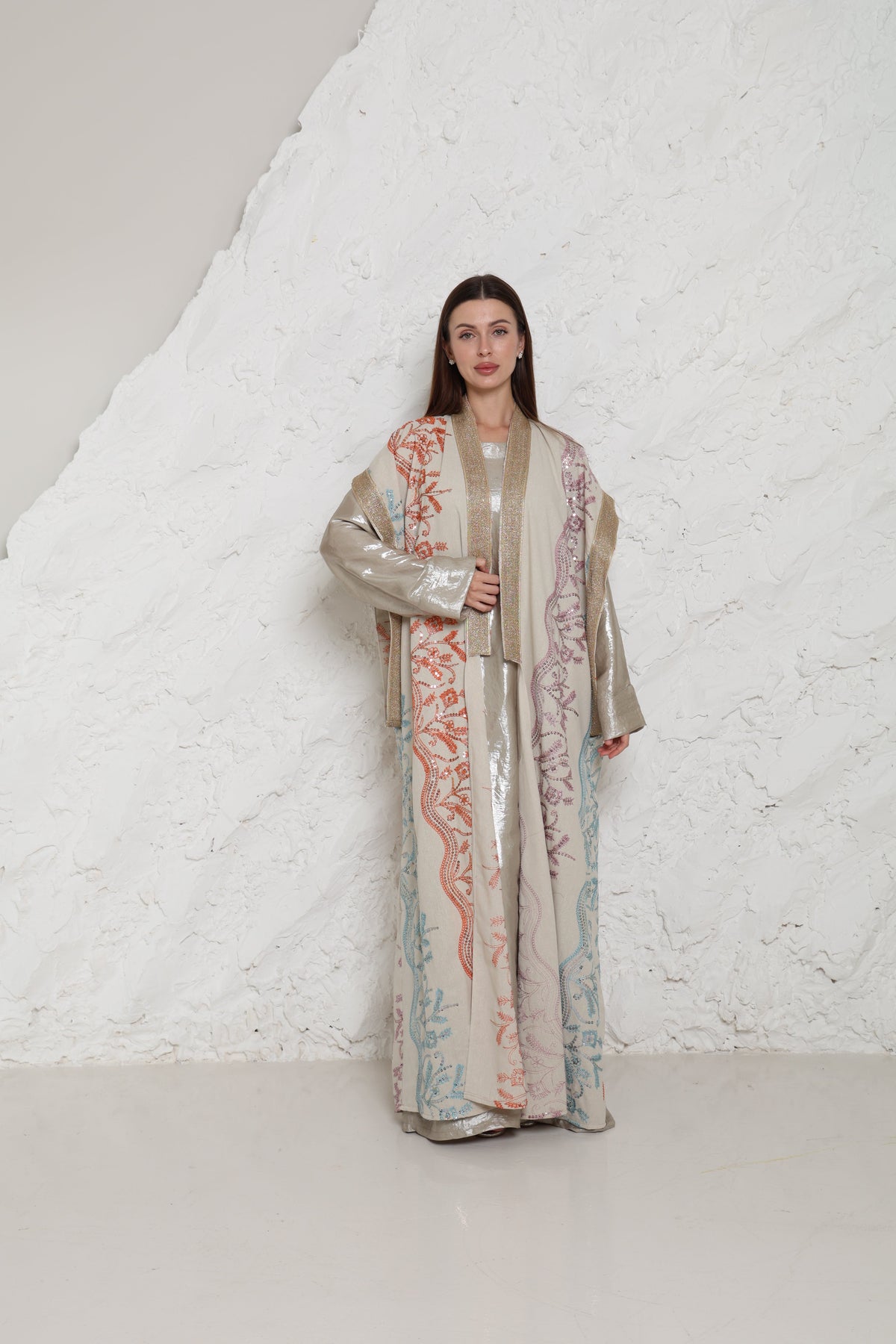 Beige Embroidered Linen Kaftan