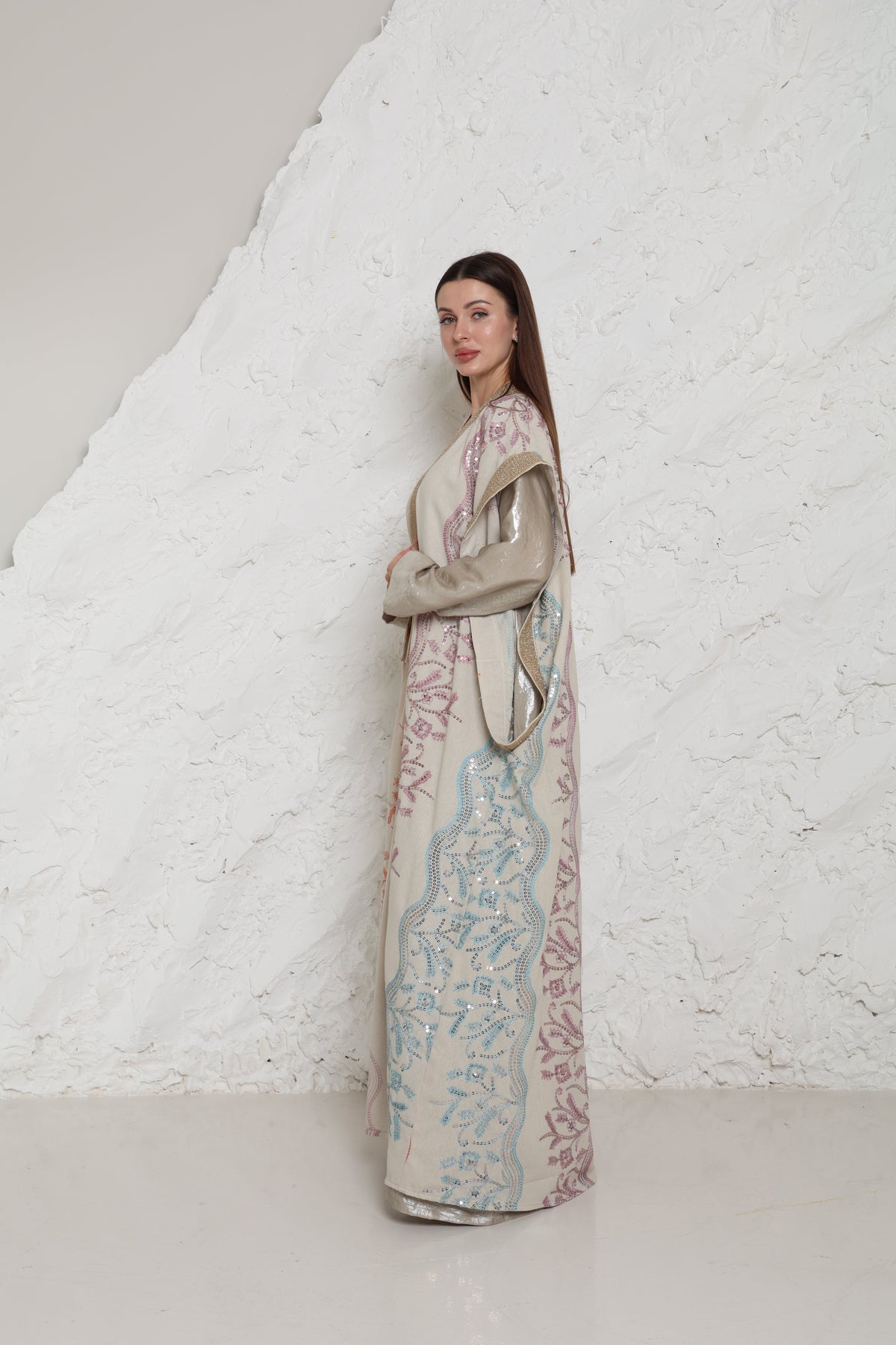 Beige Embroidered Linen Kaftan