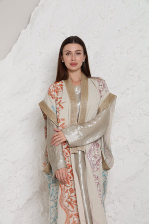 Beige Embroidered Linen Kaftan