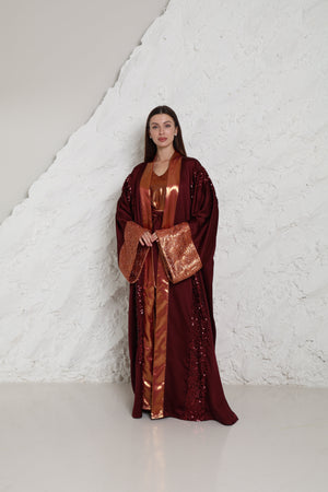 Burgundy Embroidered Crepe Satin Abaya