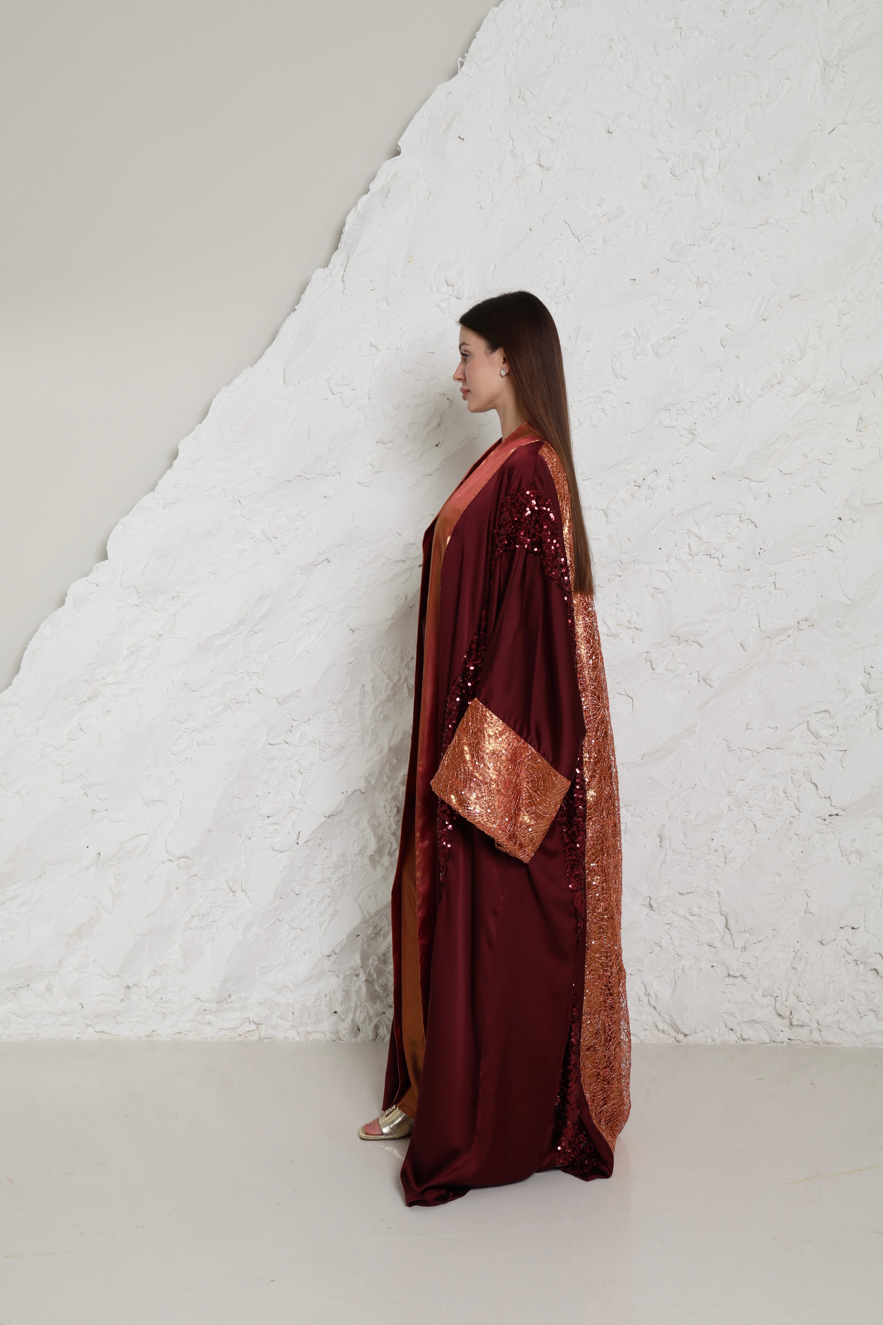 Burgundy Embroidered Crepe Satin Abaya