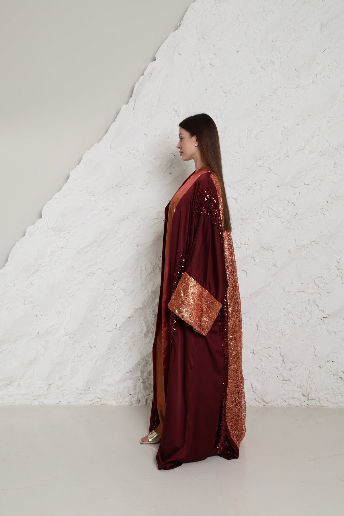 Burgundy Embroidered Crepe Satin Abaya