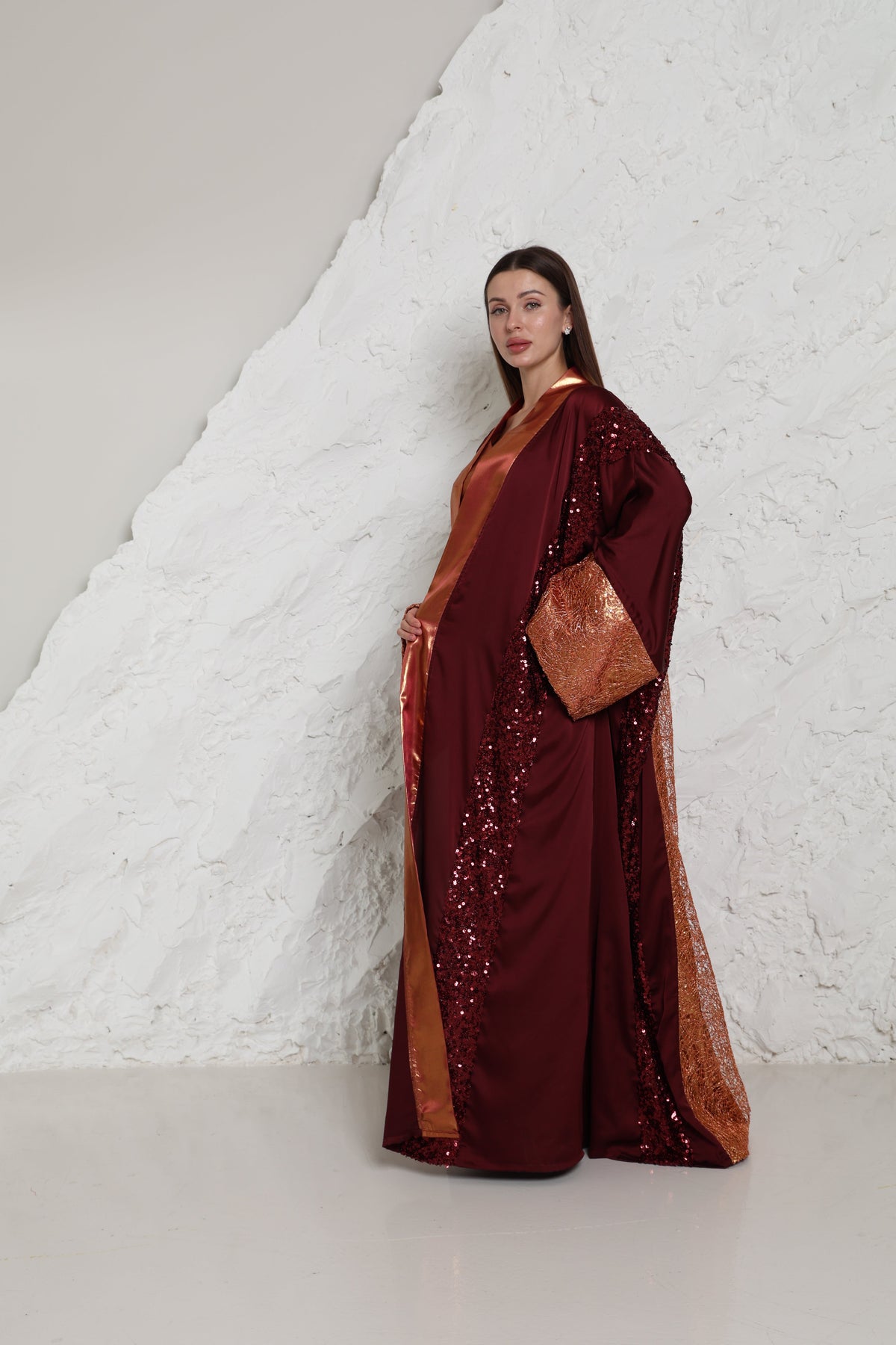 Burgundy Embroidered Crepe Satin Abaya