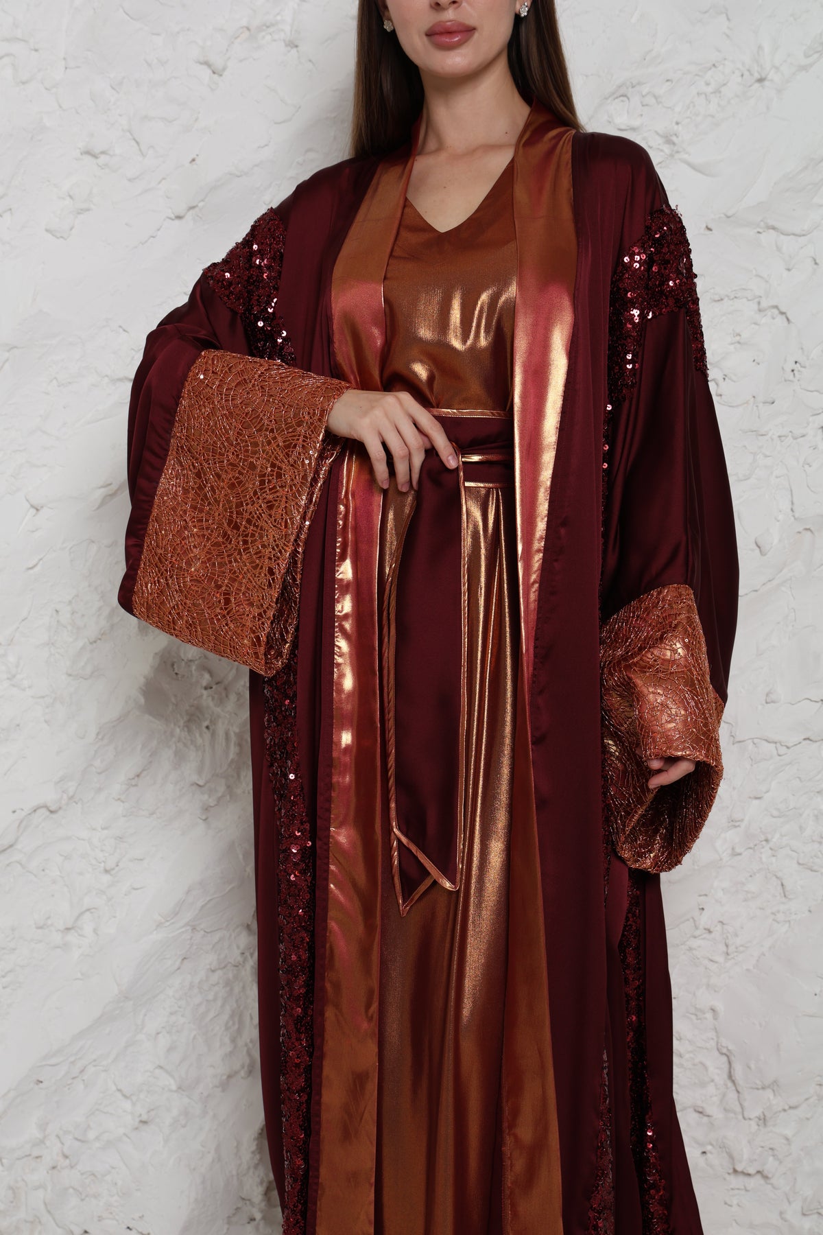 Burgundy Embroidered Crepe Satin Abaya