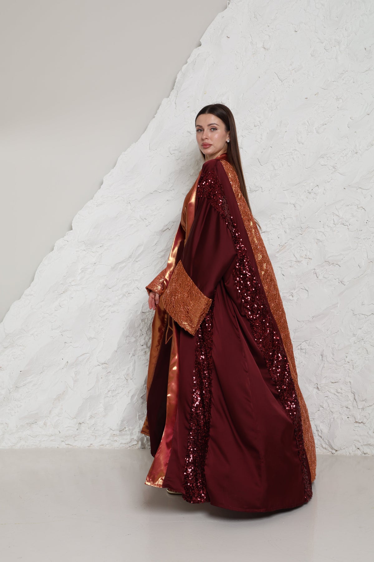 Burgundy Embroidered Crepe Satin Abaya