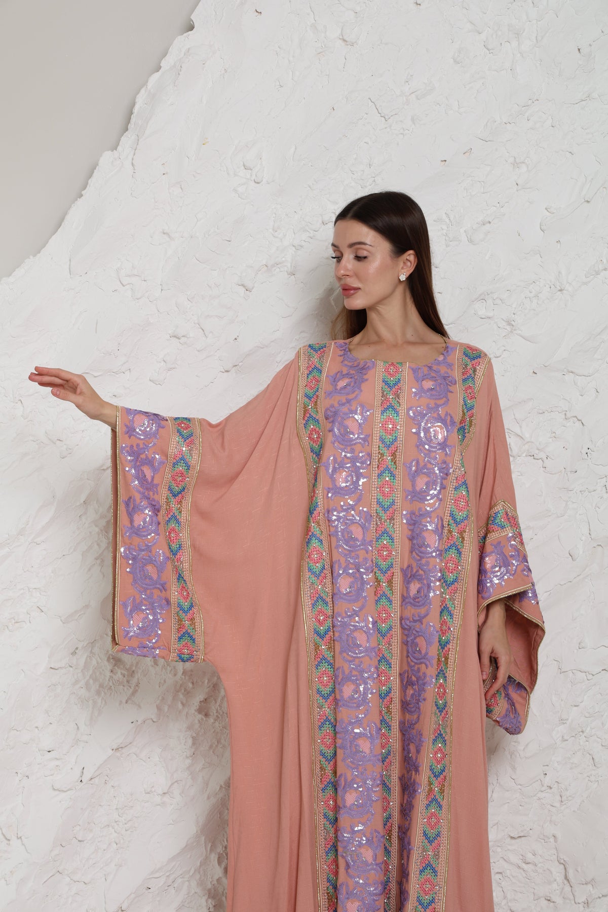 Pink Embroidered Crepe Kaftan