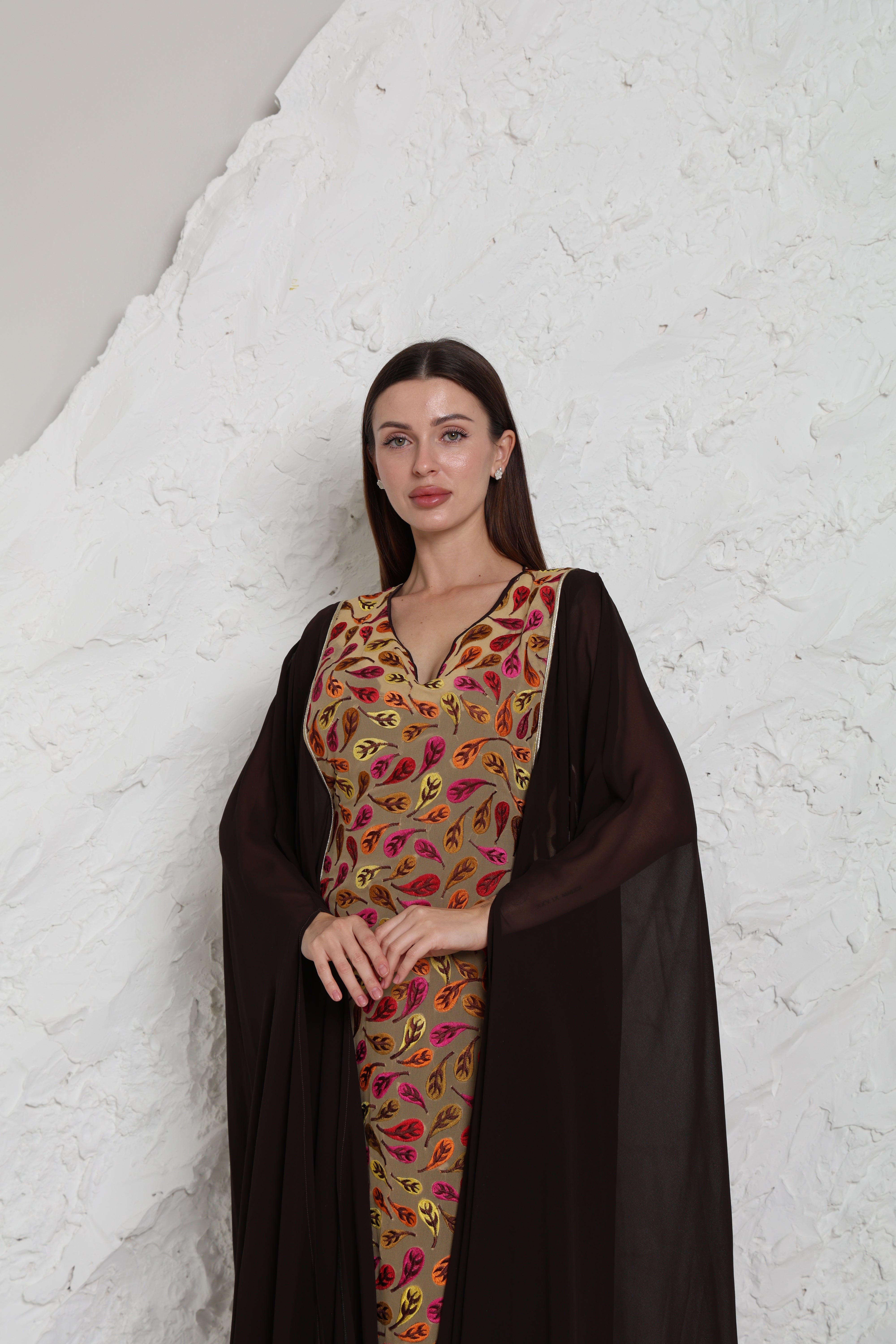 Brown Embroidered Georgette Kaftan