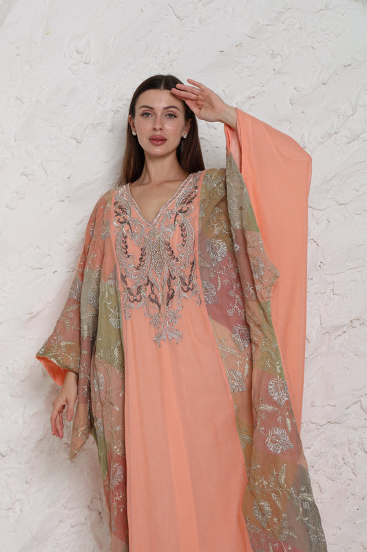 Peach Embroidered Cotton Kaftan