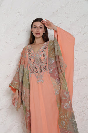 Peach Embroidered Cotton Kaftan