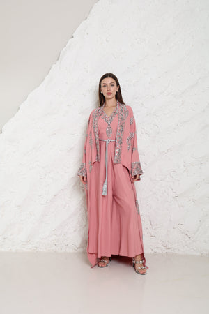 Pink Embroidered Linen Abaya