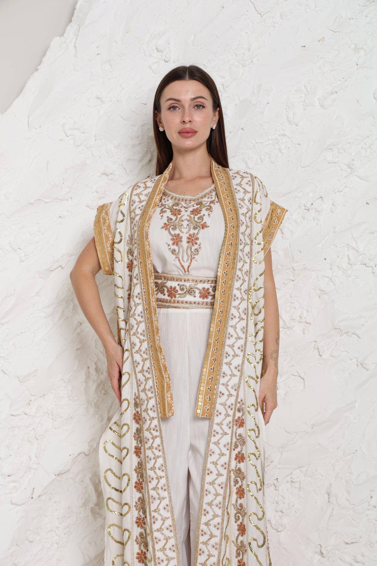 Pink Embroidered Linen Abaya