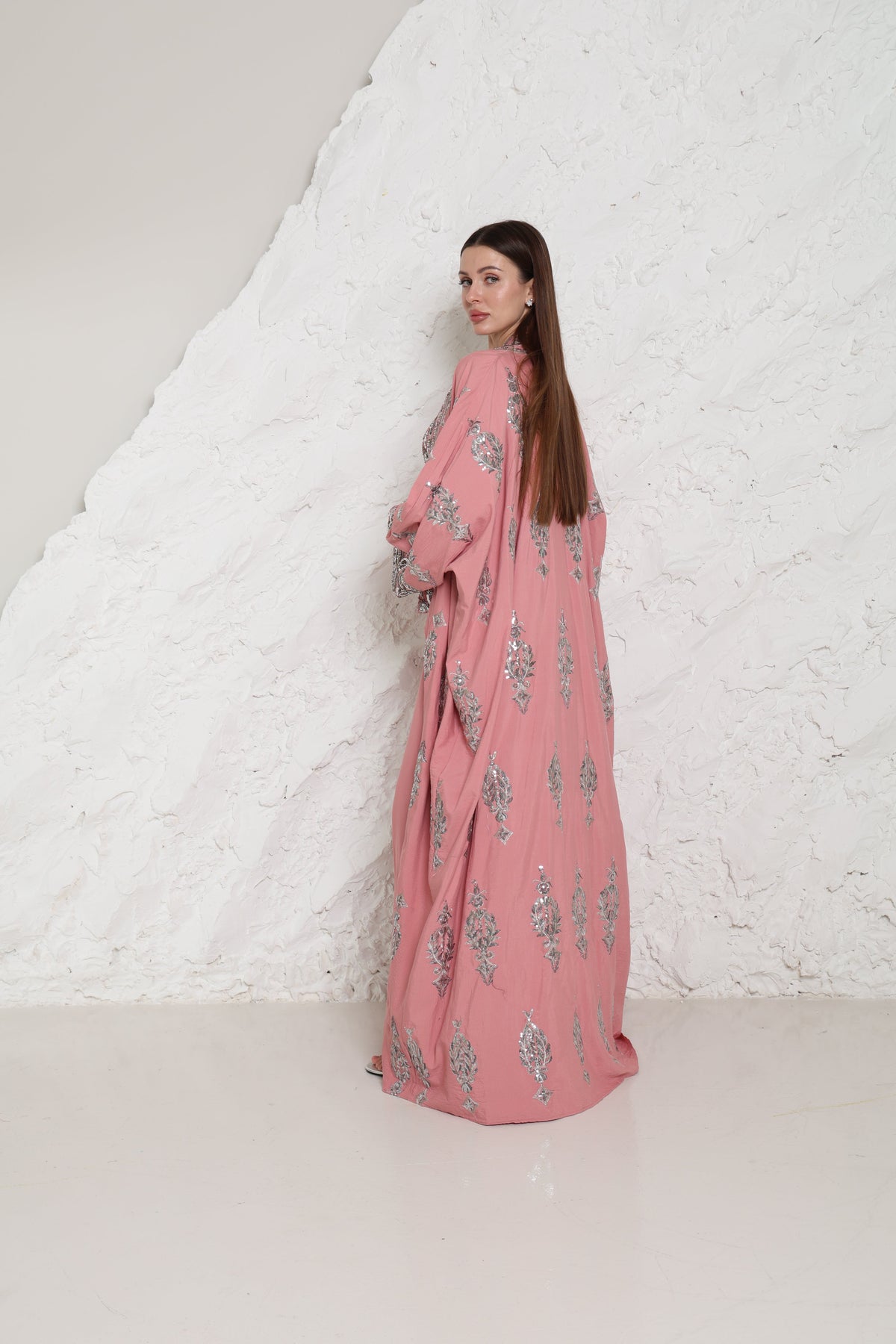 Pink Embroidered Linen Abaya