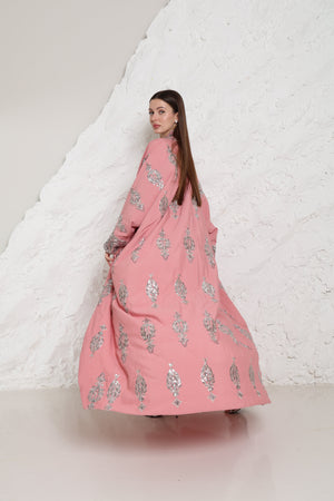 Pink Embroidered Linen Abaya