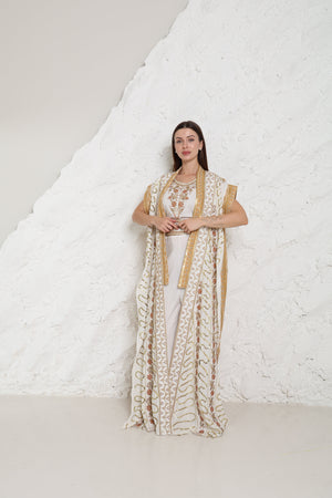 Off White Embroidered Linen Abaya