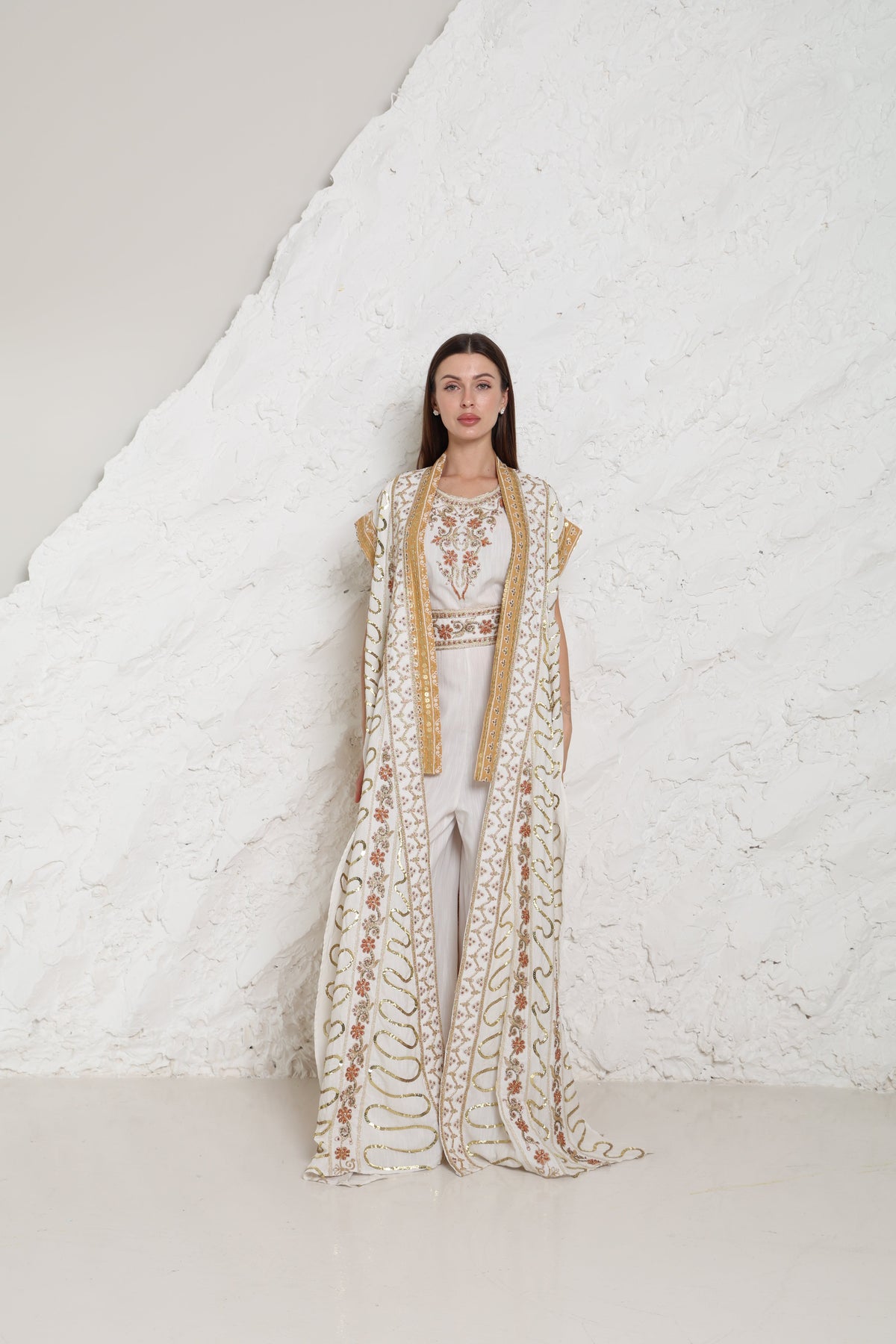Off White Embroidered Linen Abaya