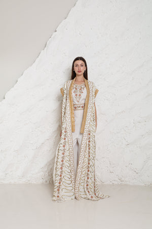 Off White Embroidered Linen Abaya