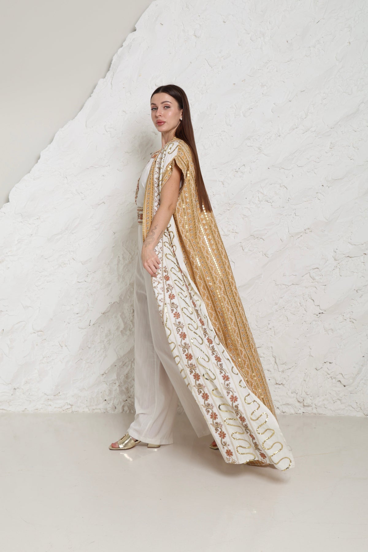 Off White Embroidered Linen Abaya