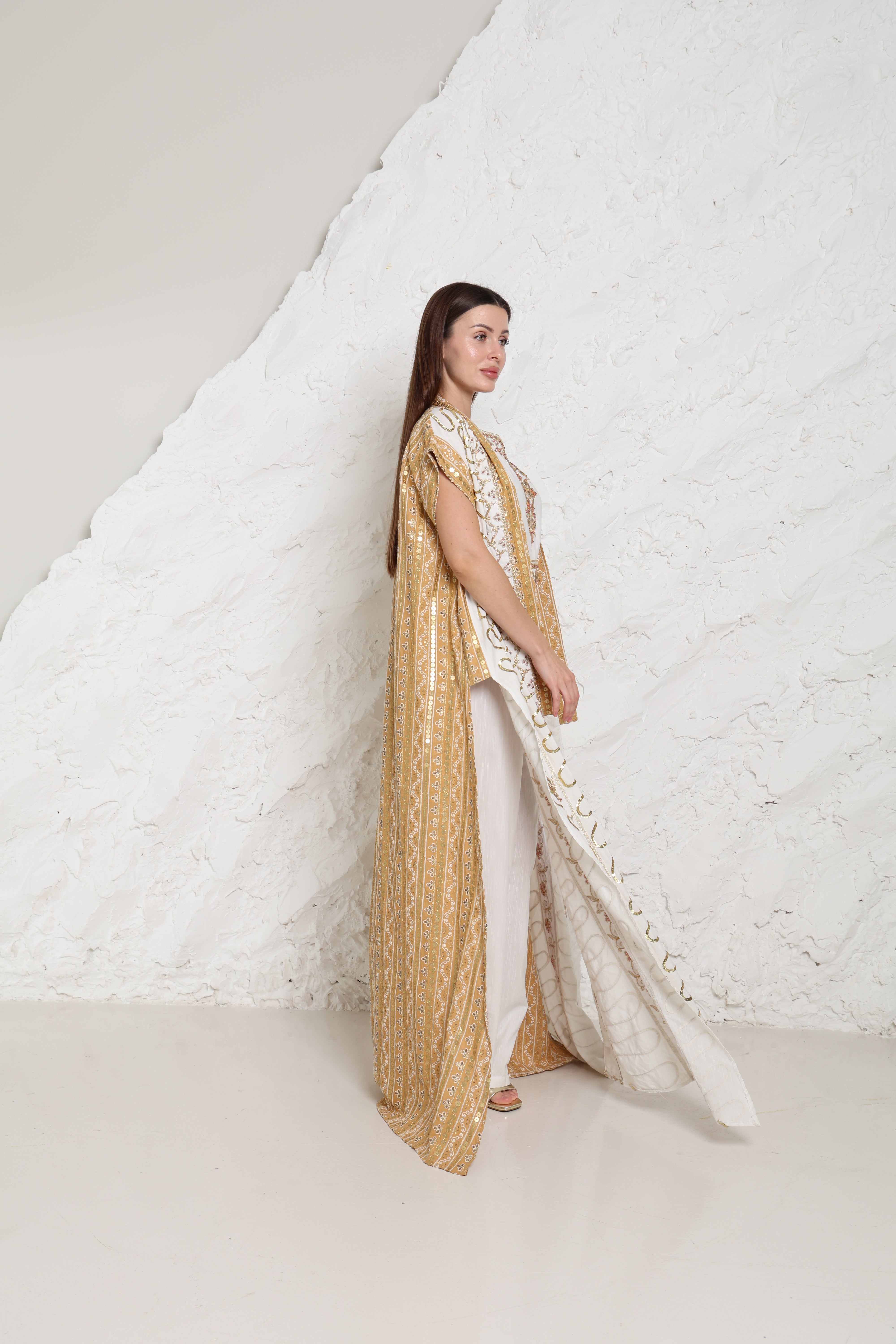 Off White Embroidered Linen Abaya