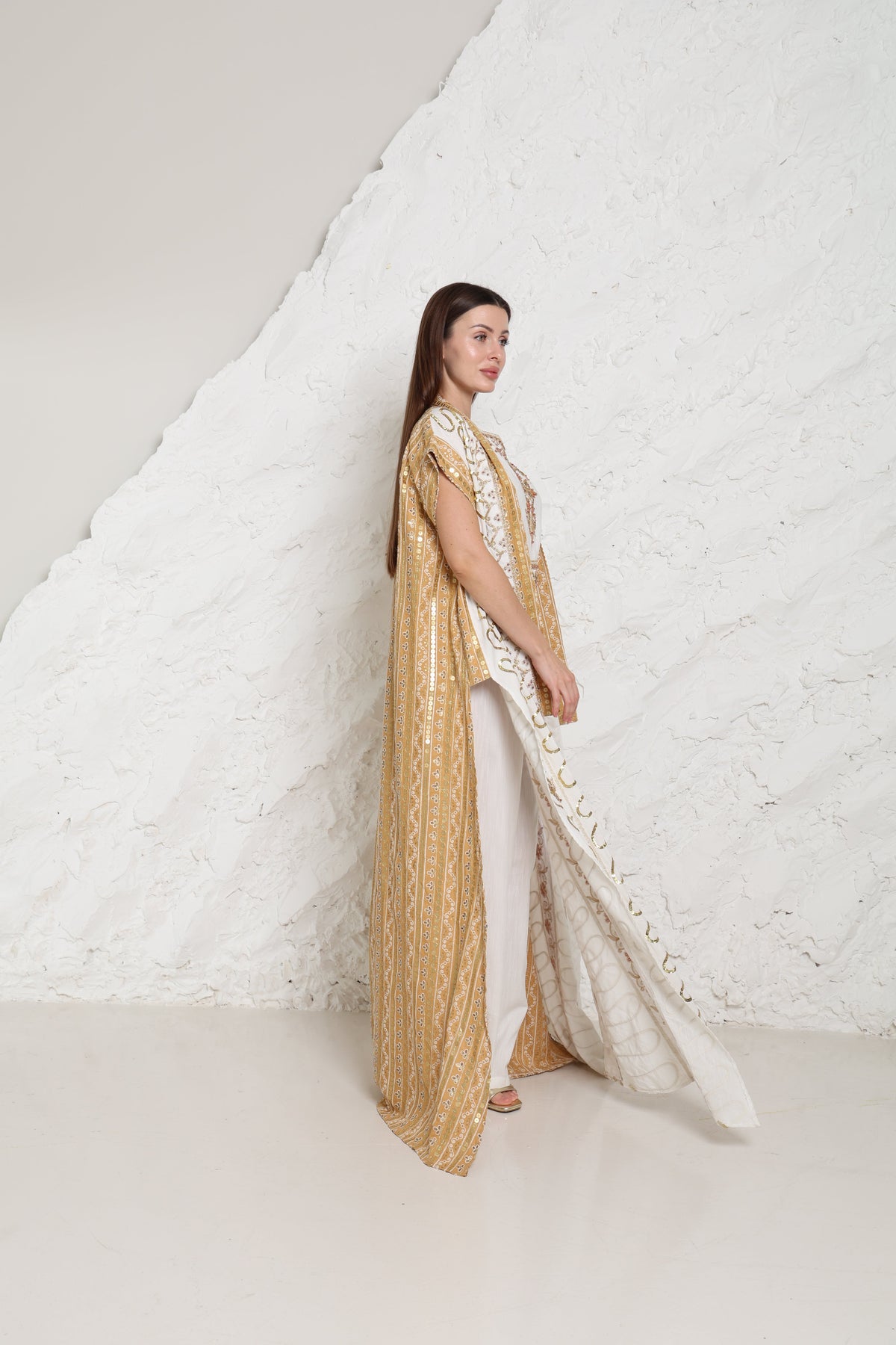 Off White Embroidered Linen Abaya