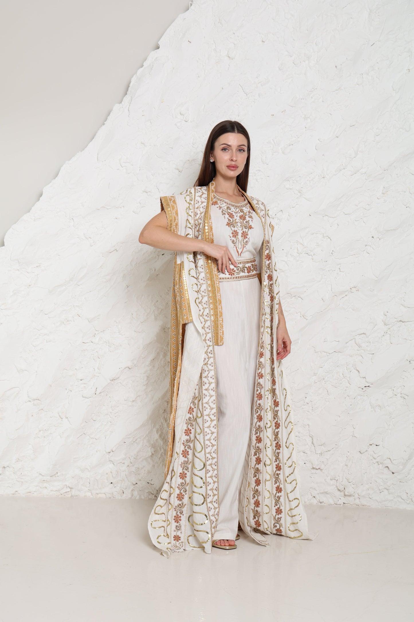 Off White Embroidered Linen Abaya