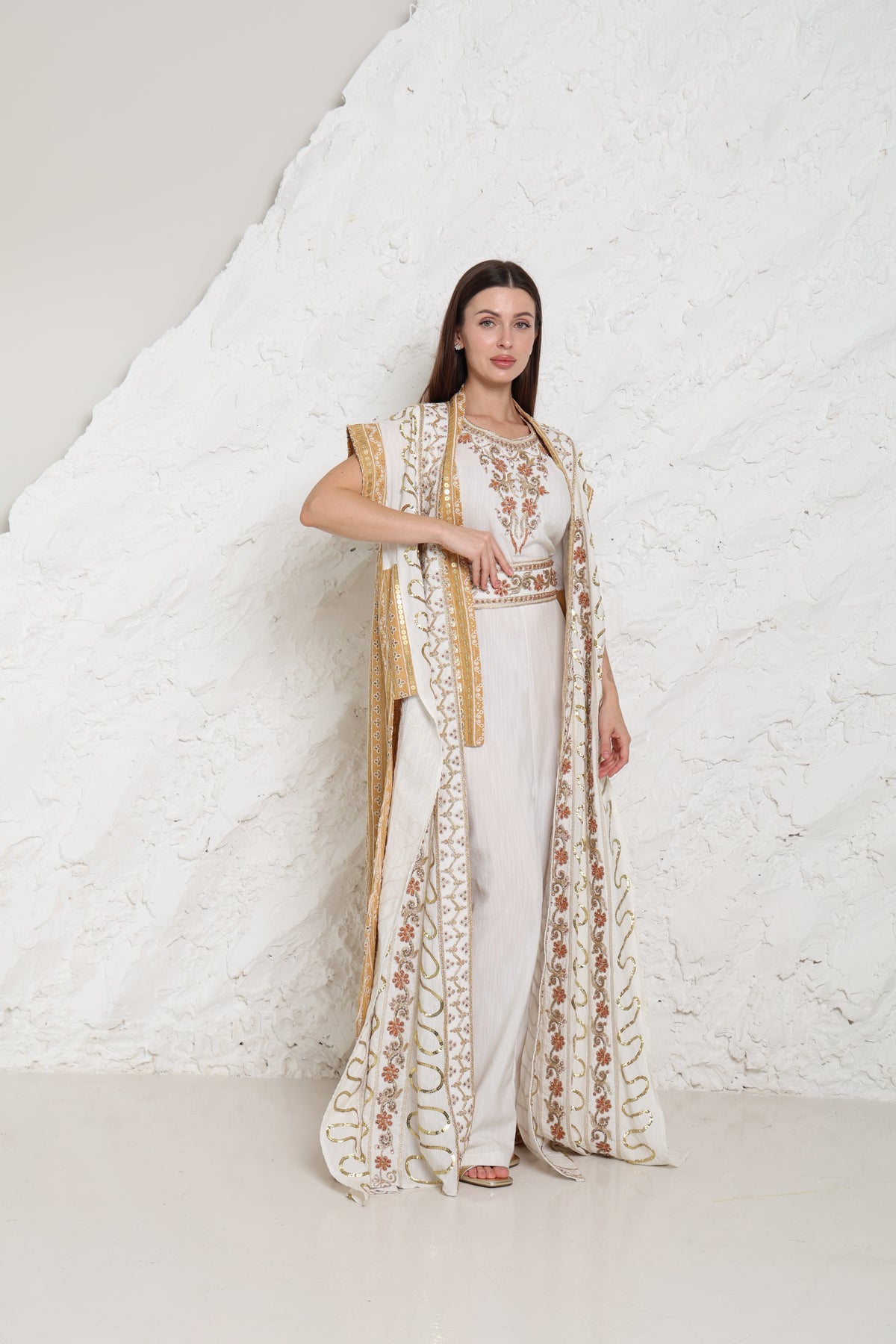 Off White Embroidered Linen Abaya