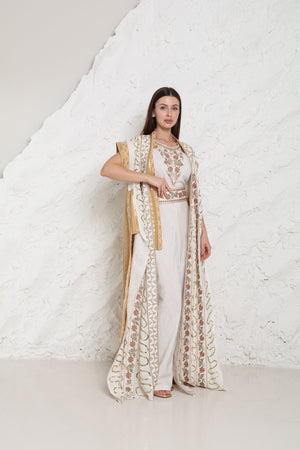 Off White Embroidered Linen Abaya