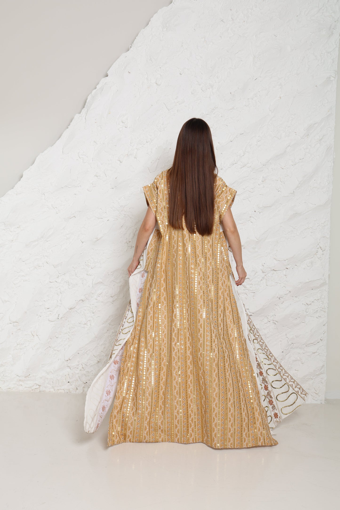 Off White Embroidered Linen Abaya