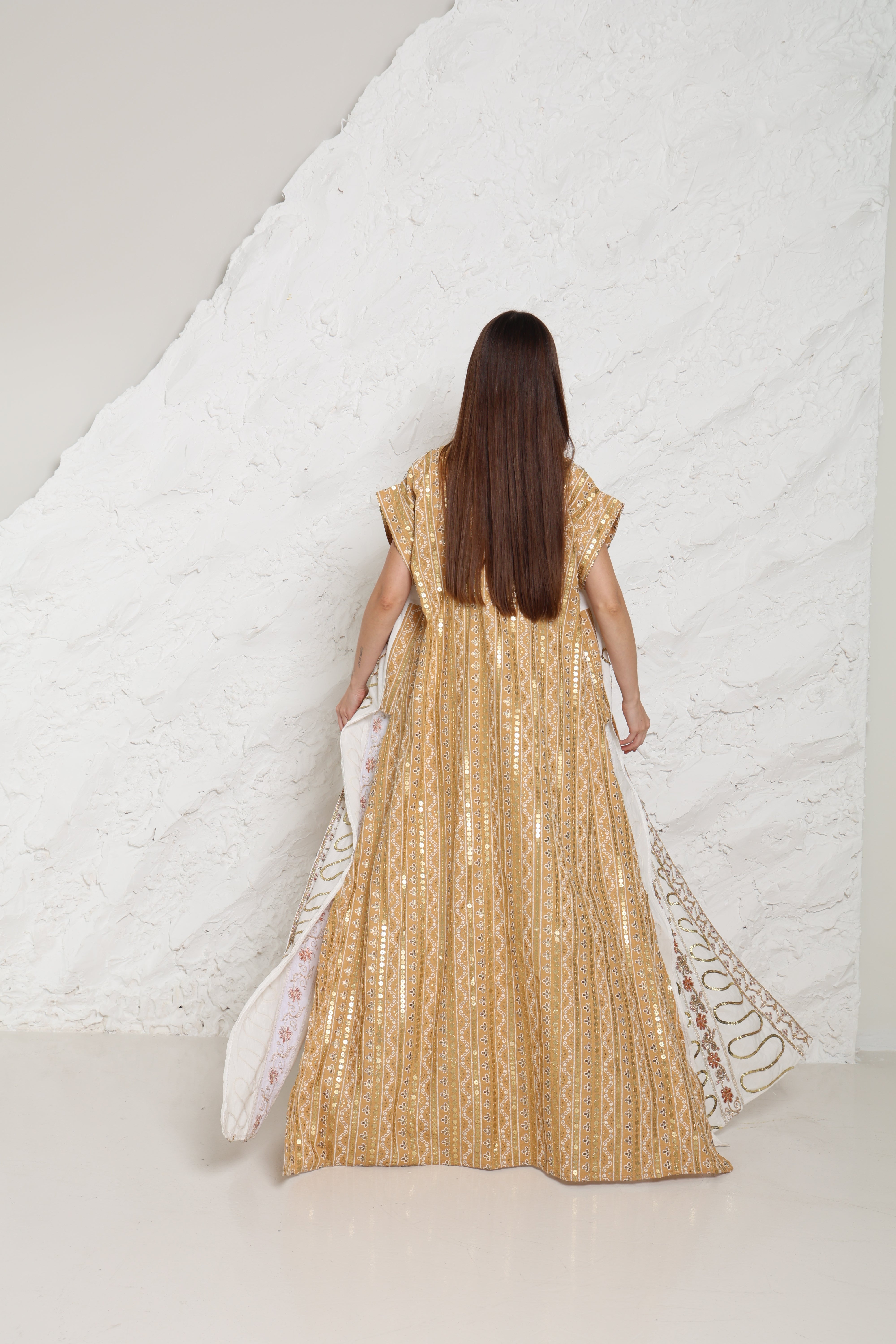 Off White Embroidered Linen Abaya