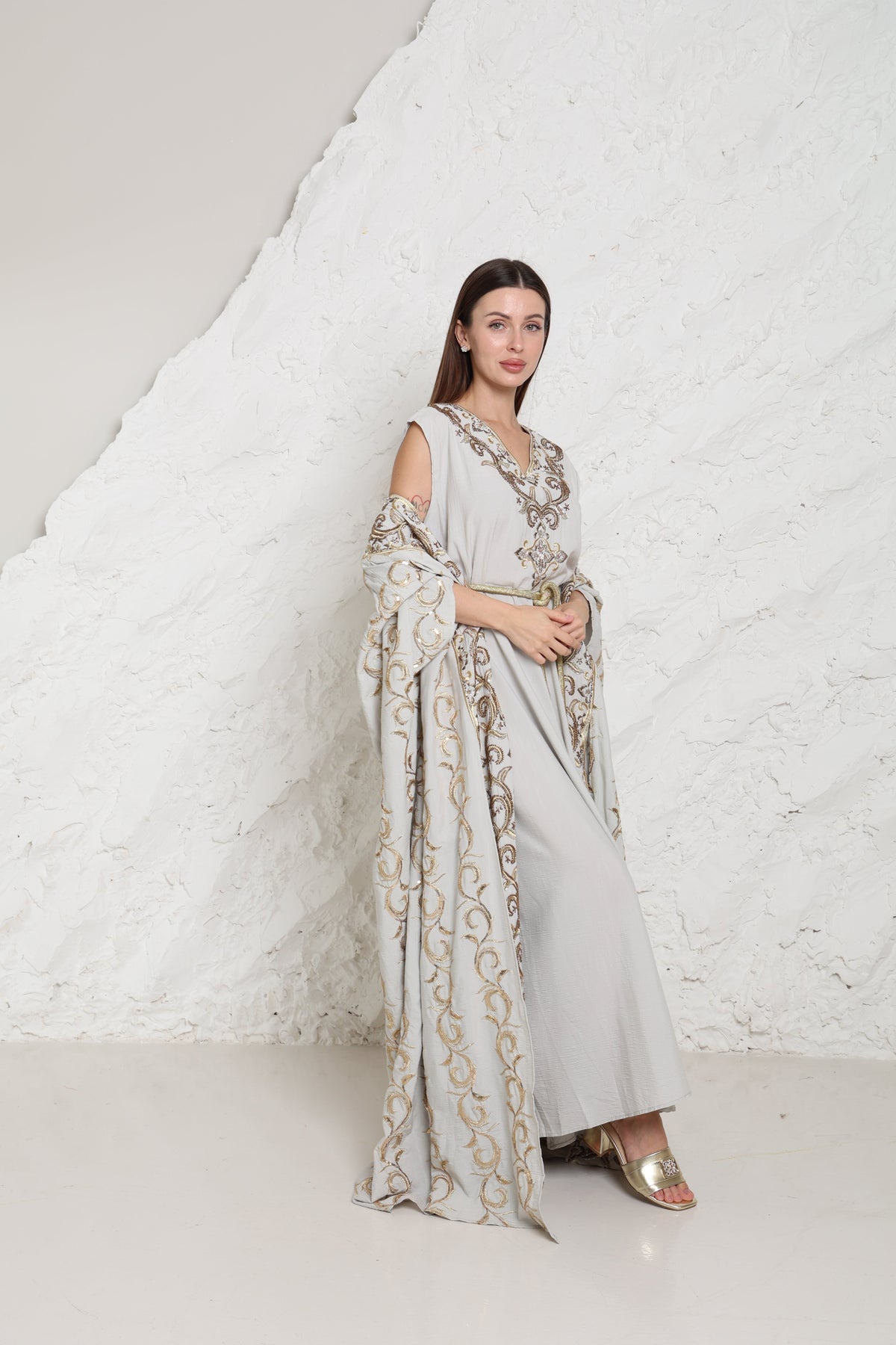 Grey Embroidered Linen Abaya