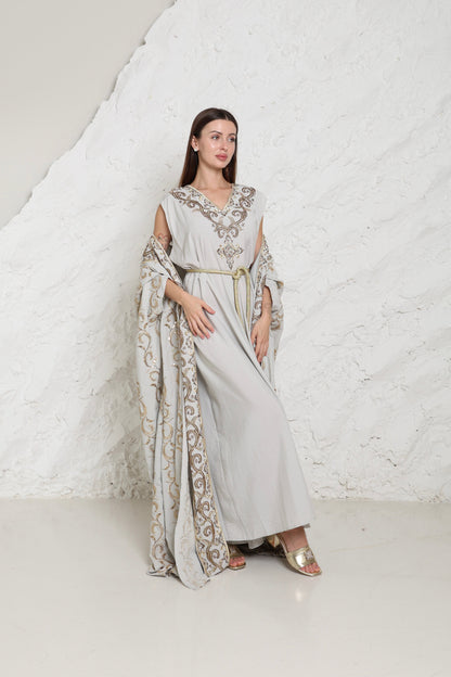 Grey Embroidered Linen Abaya