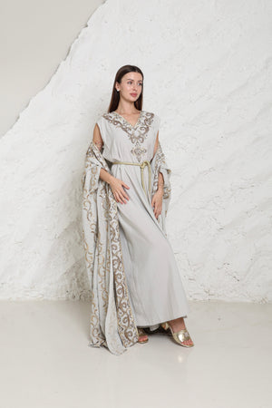 Grey Embroidered Linen Abaya