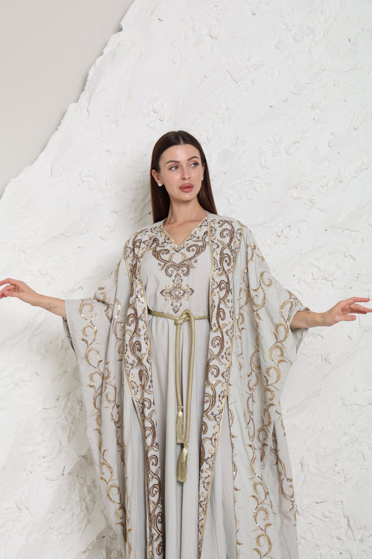 Grey Embroidered Linen Abaya