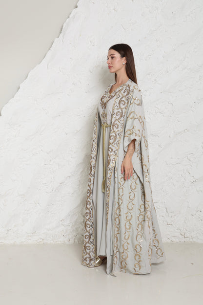 Grey Embroidered Linen Abaya