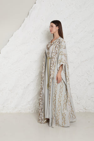 Grey Embroidered Linen Abaya
