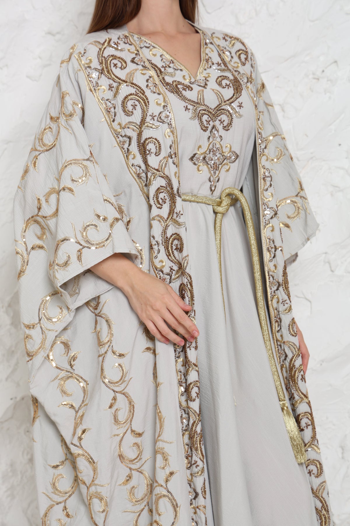 Grey Embroidered Linen Abaya