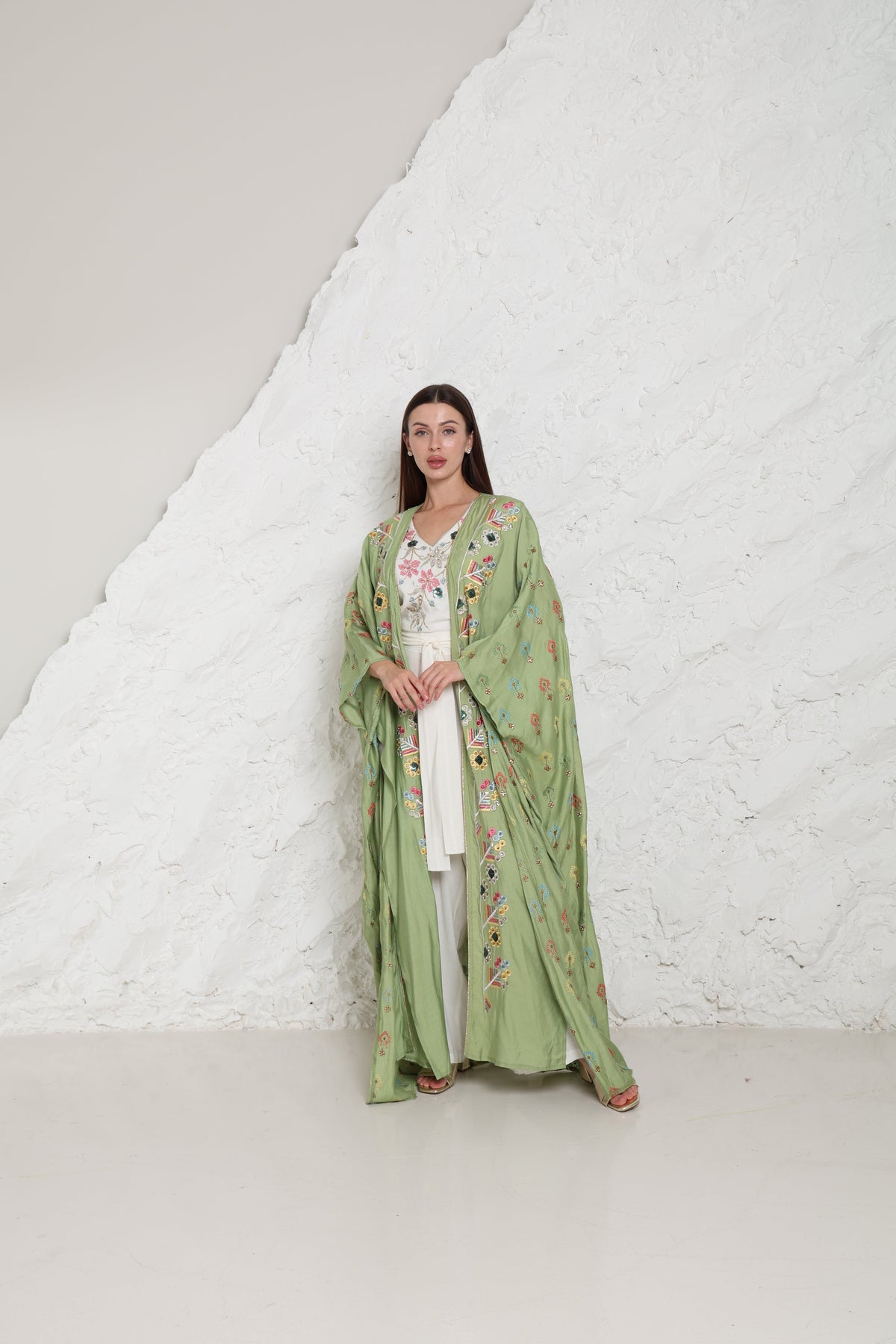 Light Green Embroidered Linen Abaya