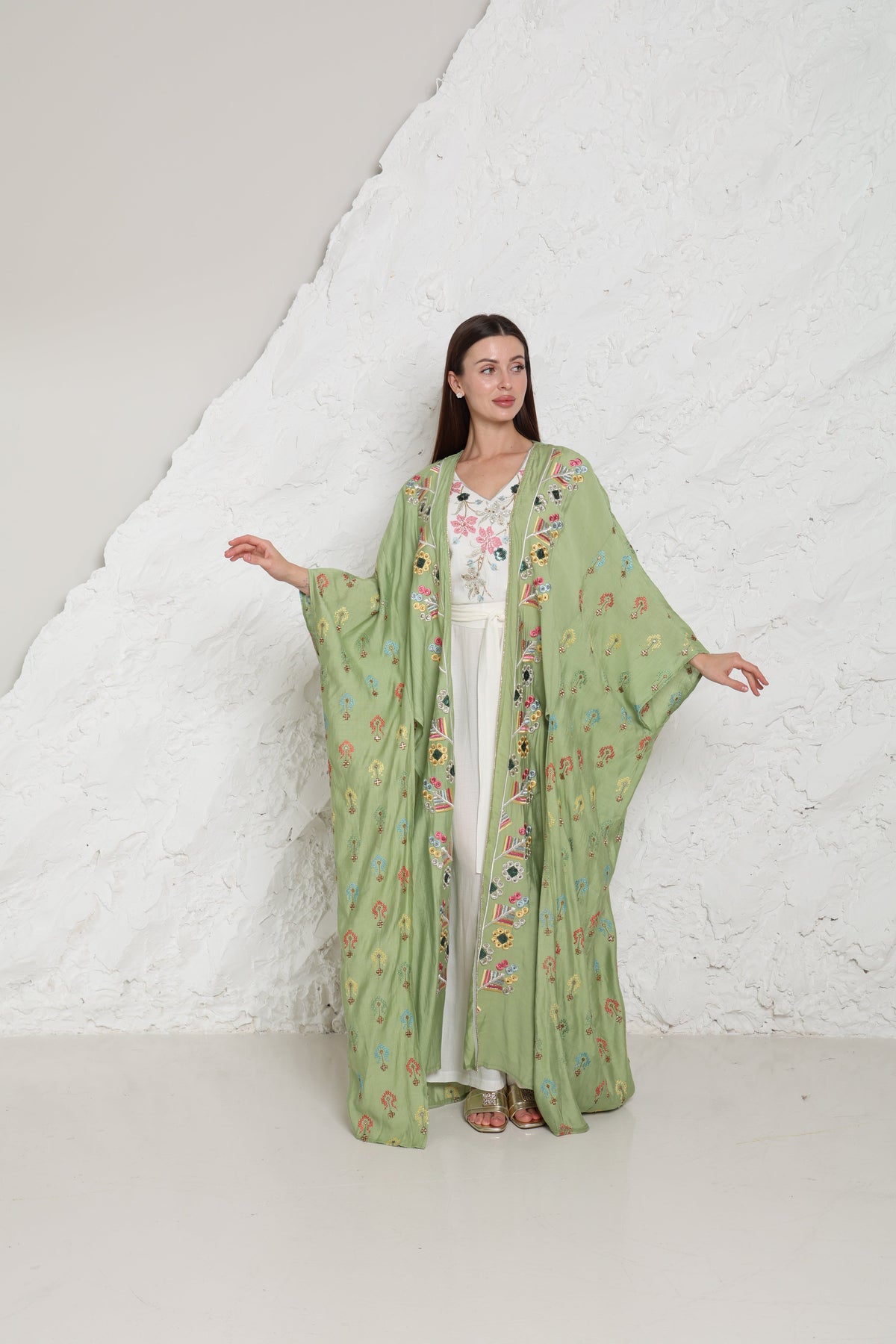 Light Green Embroidered Linen Abaya