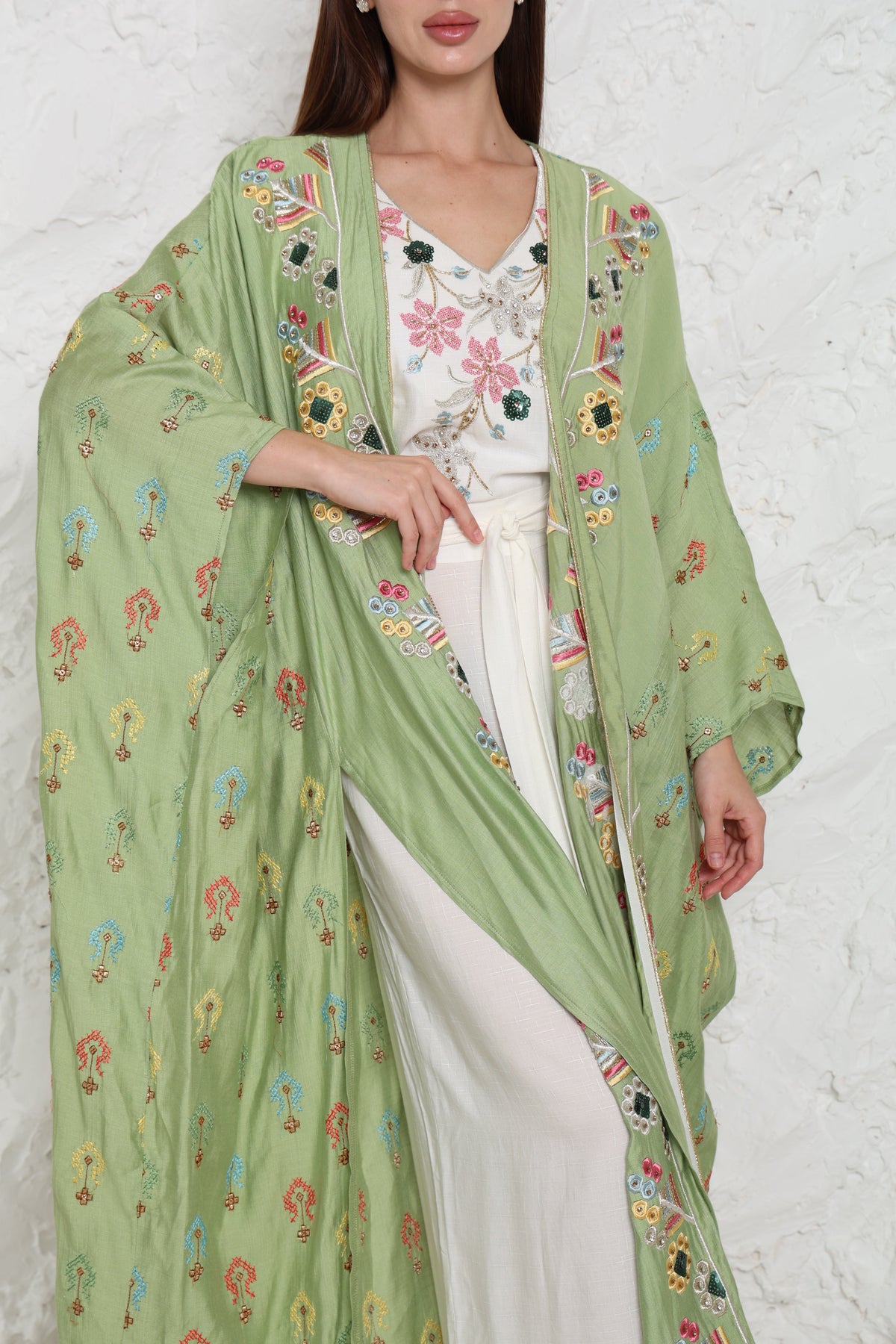 Light Green Embroidered Linen Abaya