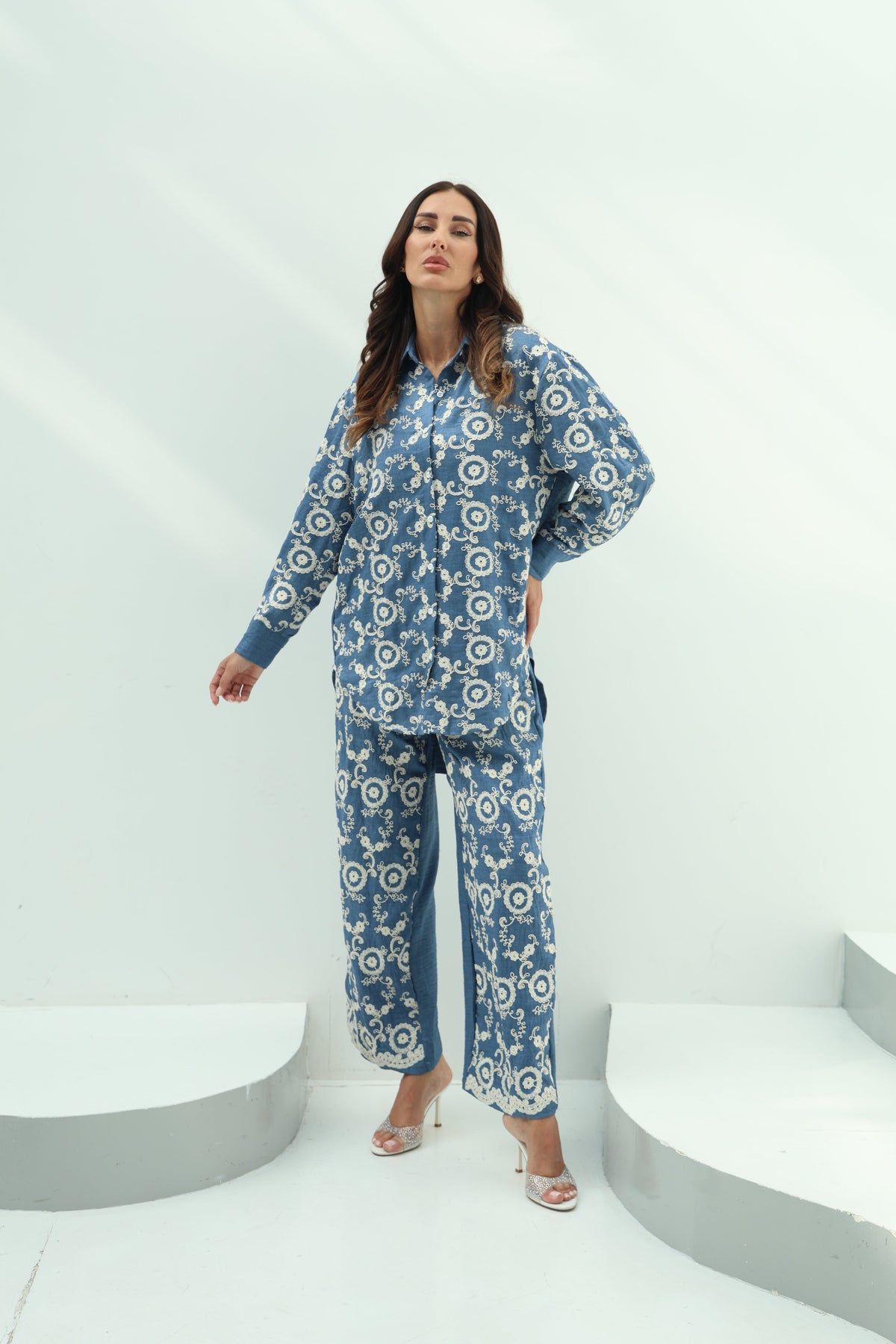 Cotton-Jeans Cotton-Jeans Embroidered Shirt And Pants Set – Blue Desig featuring cotton-jeans embroidered shirt and pants set