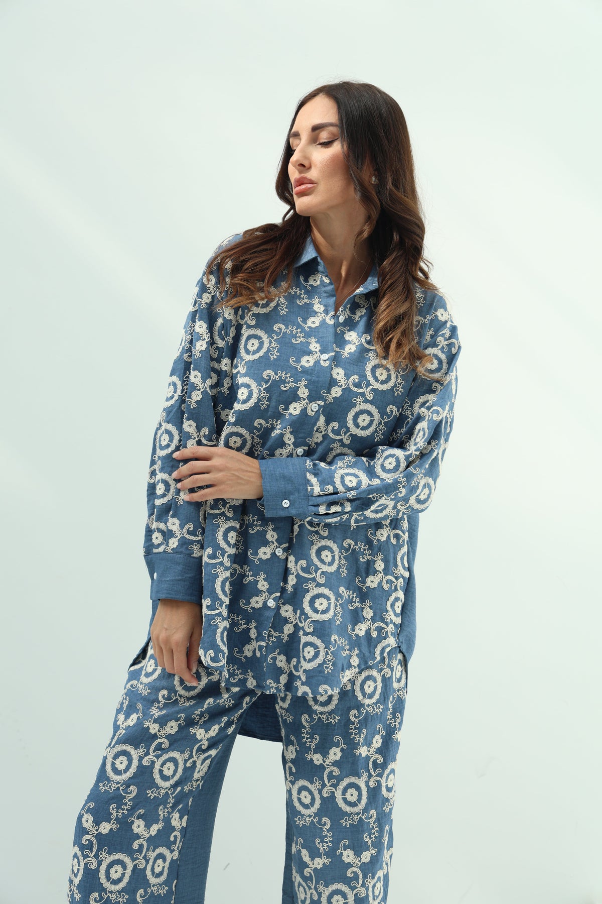 Cotton blue set – jeans embroidered shirt and pants design