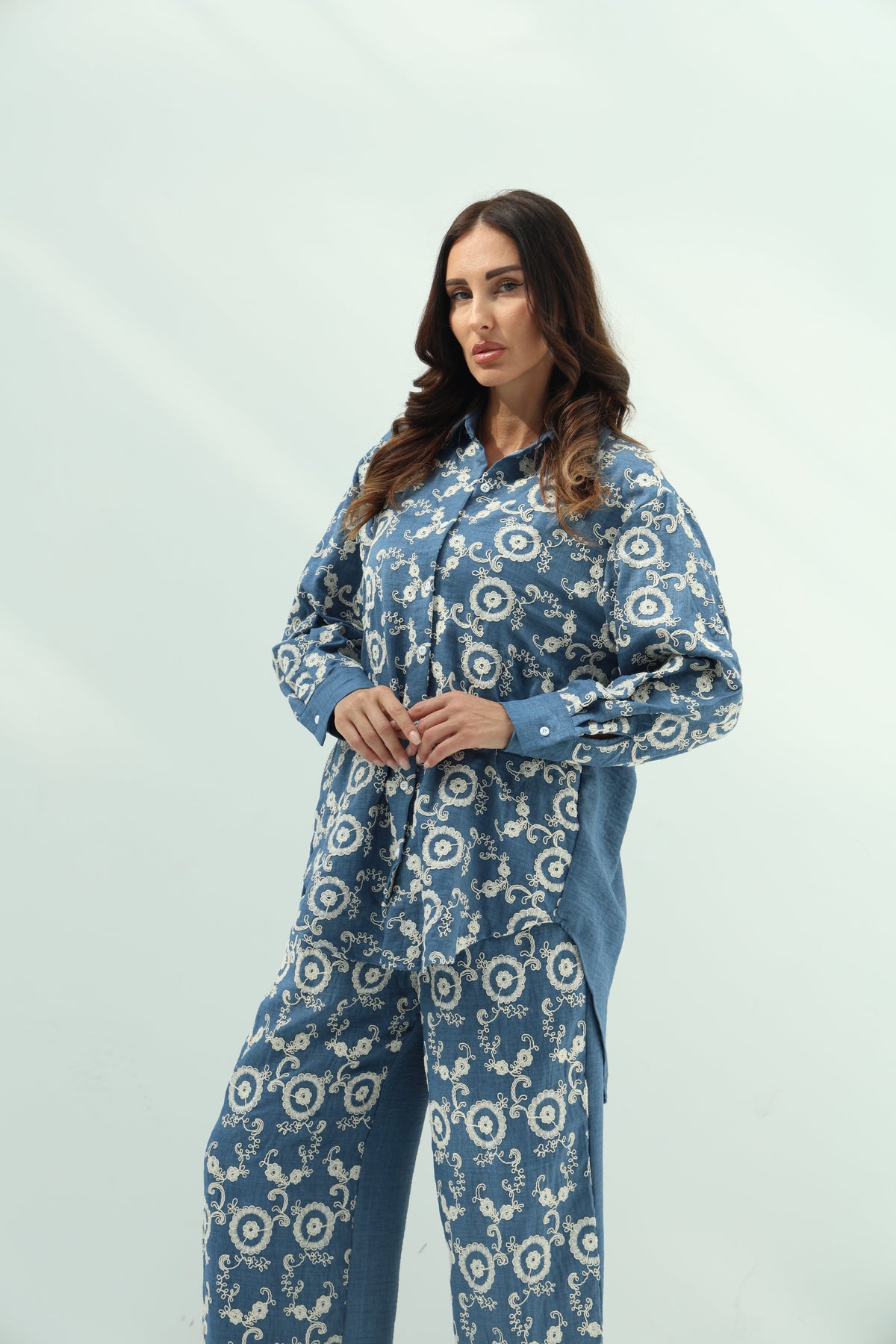 Cotton blue set – jeans embroidered shirt and pants design