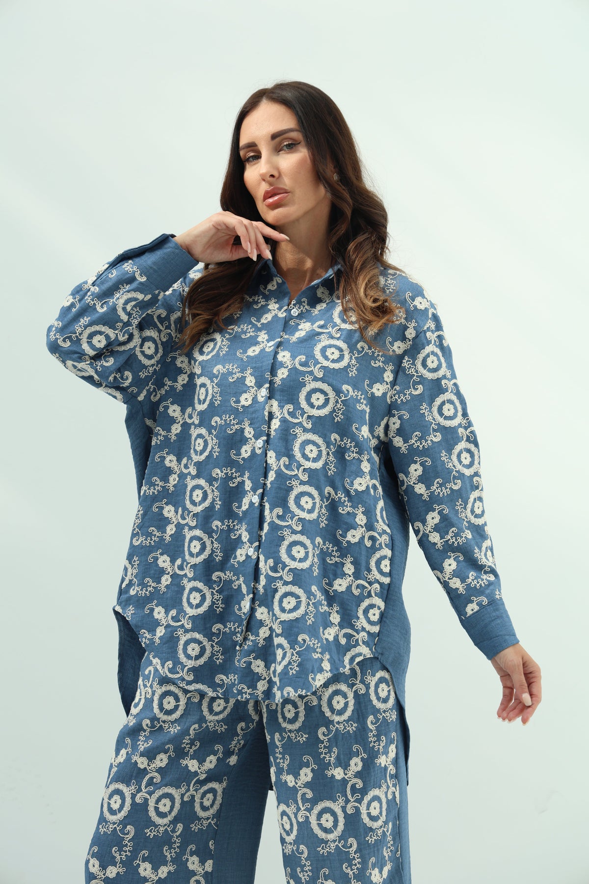 Cotton blue set – jeans embroidered shirt and pants design