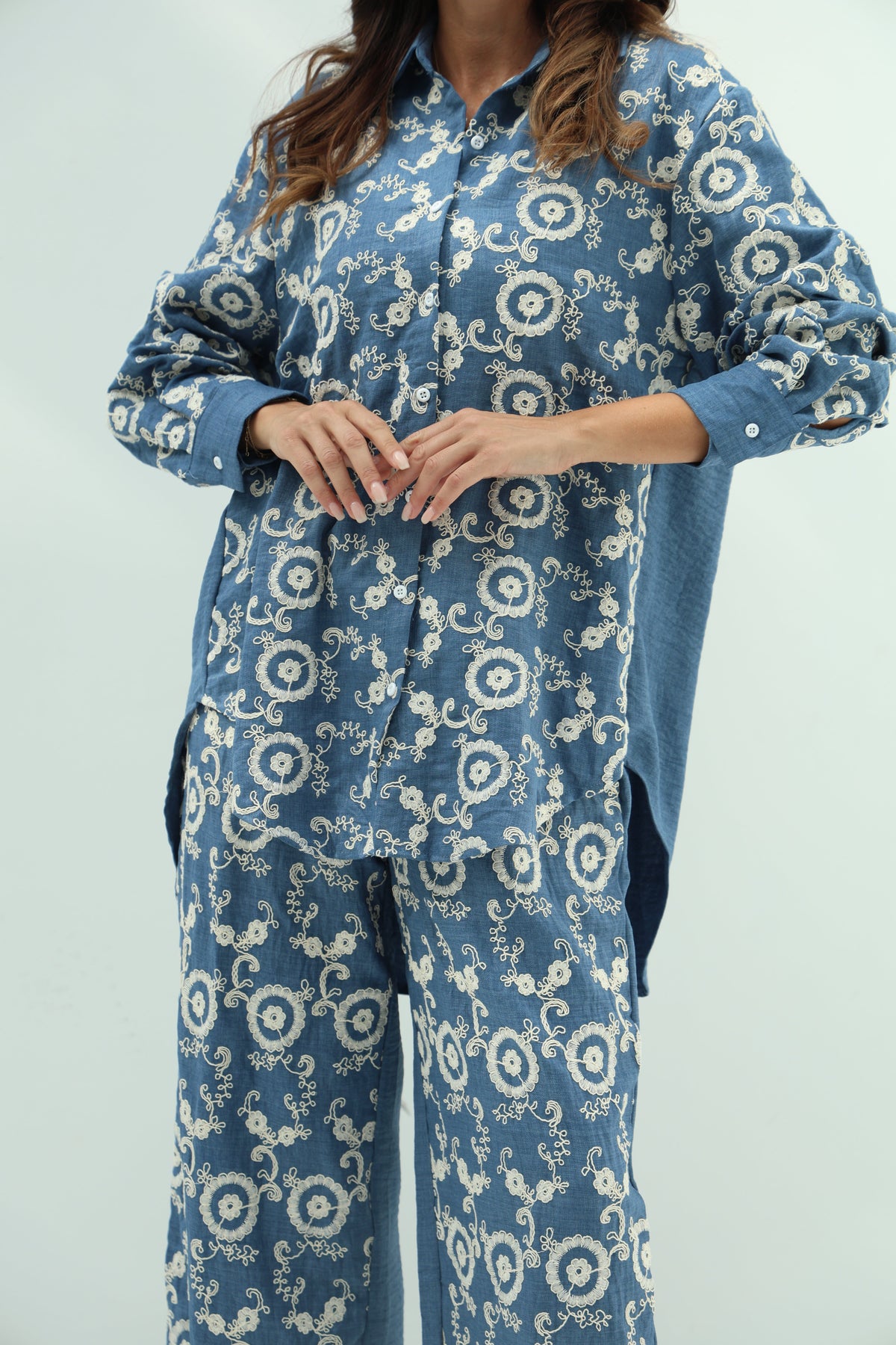 Cotton blue set – jeans embroidered shirt and pants design
