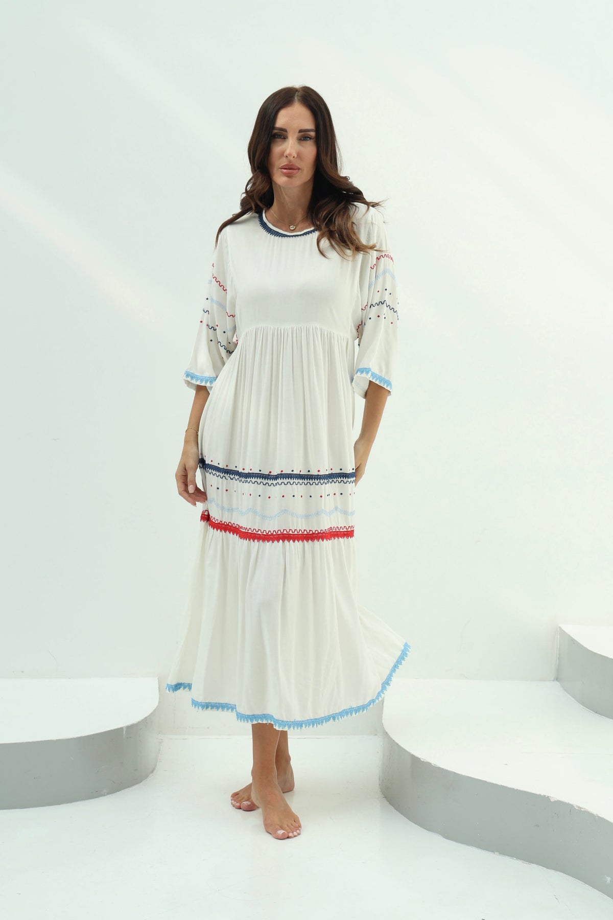 Crepe-Cotton White Crepe-Cotton Dress – White Design featuring white crepe cotton dress embellished with multi-colors crochet