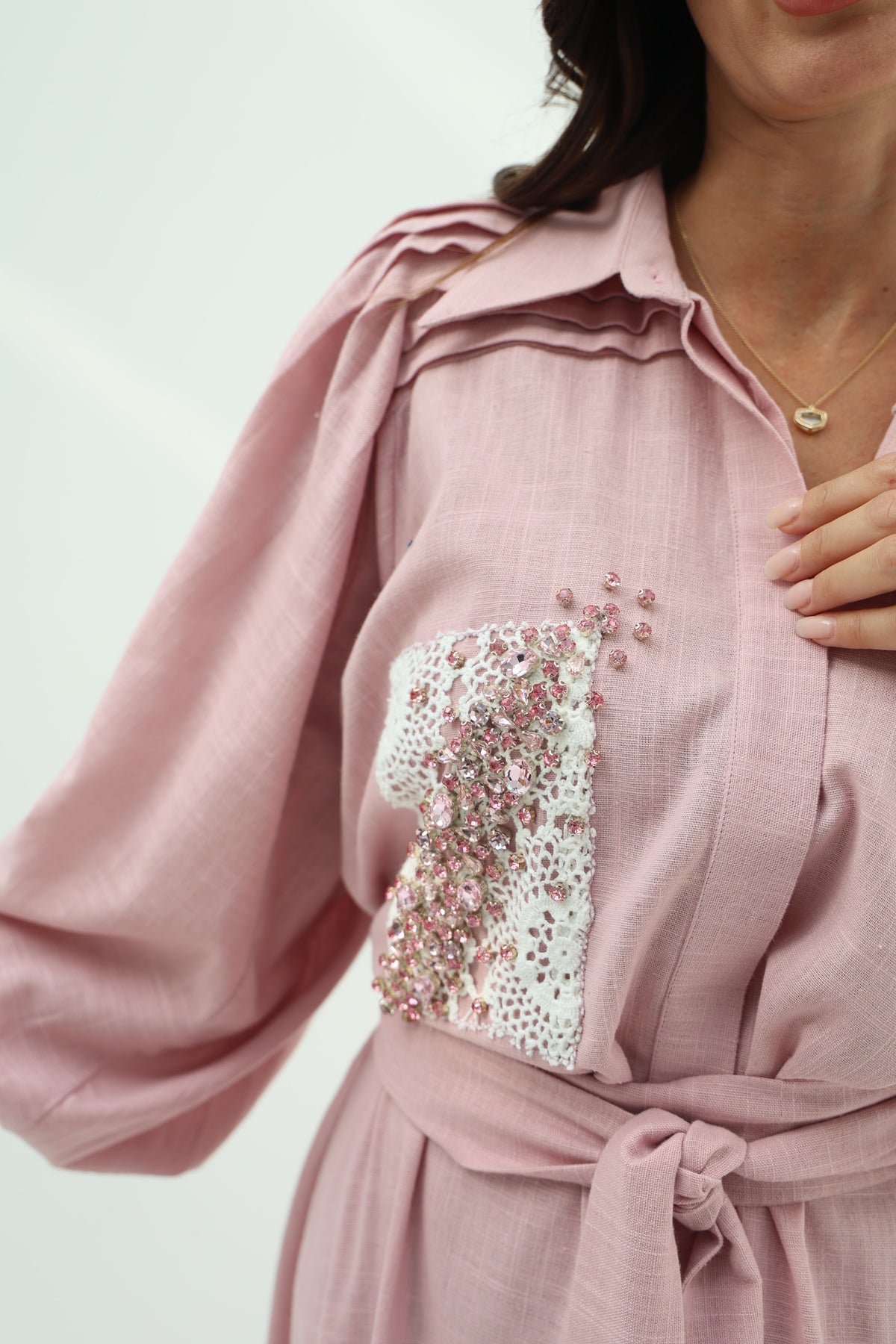 Linen pink dress – crystal design embroidered