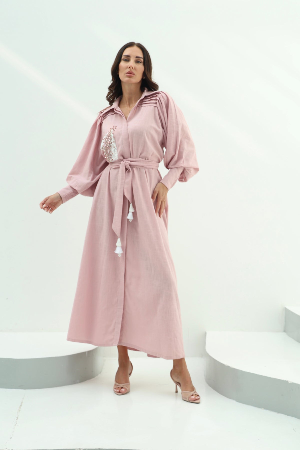 Linen Pink Linen Embroidered Dress – Pink Design featuring pink linen dress with pleated shoulders andembellished with white