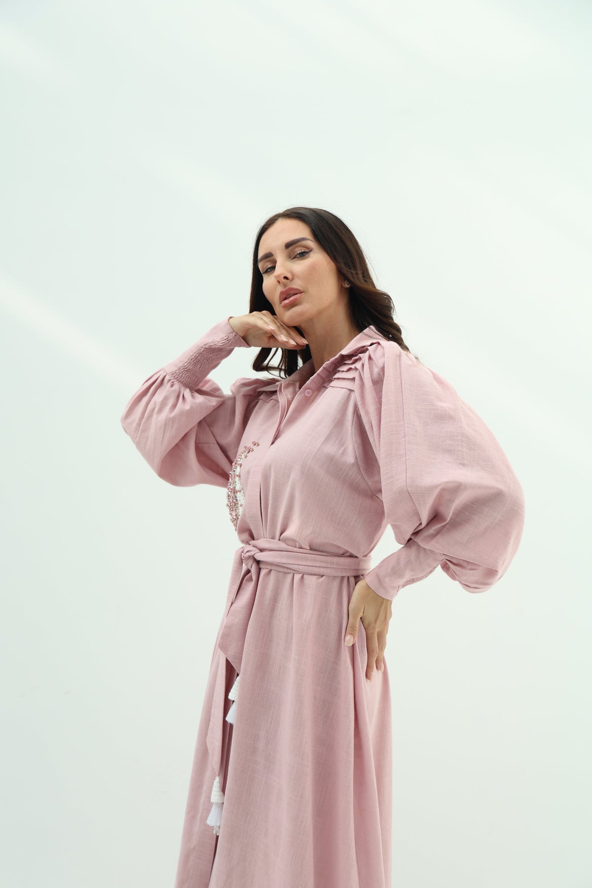 Linen pink dress – crystal design embroidered