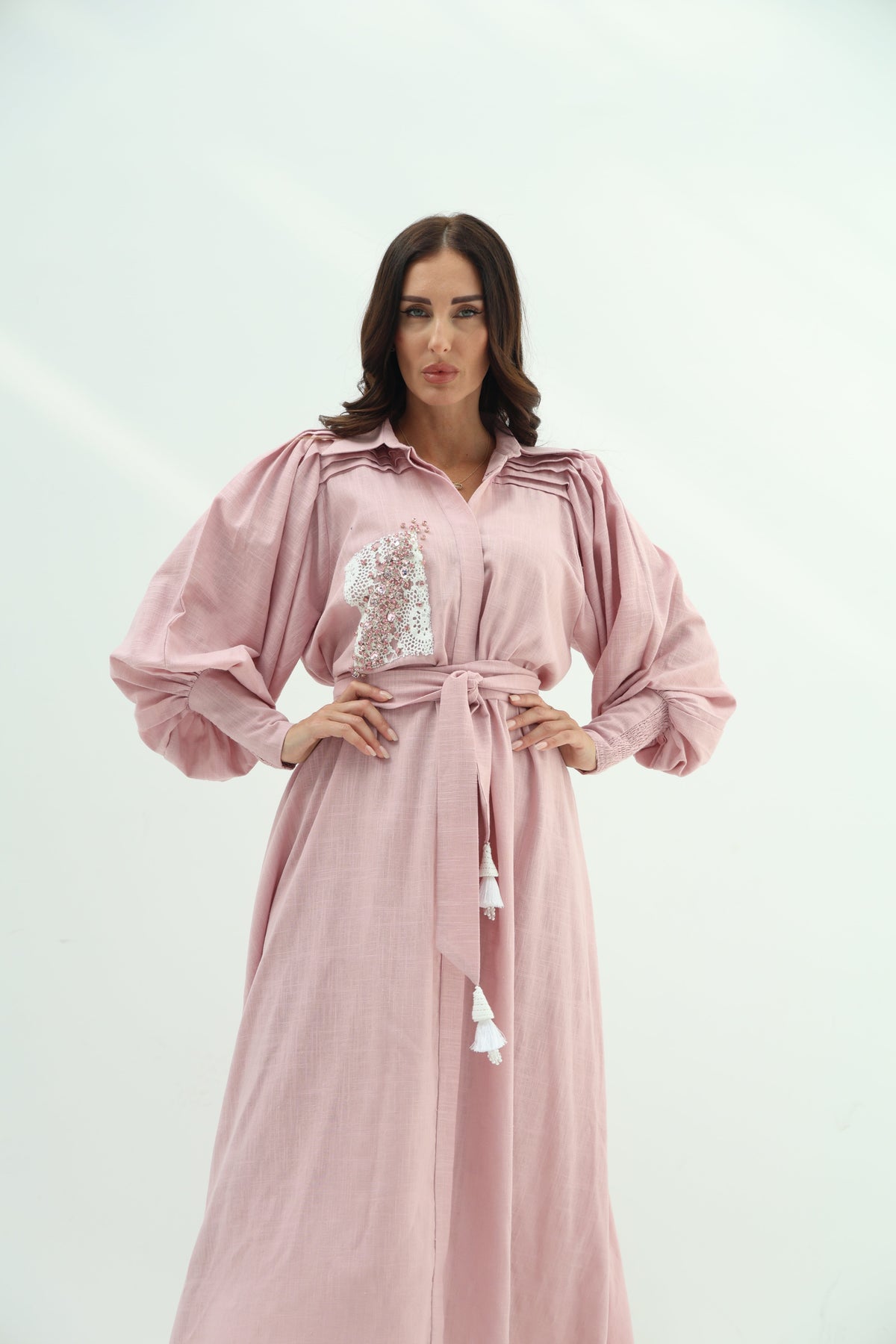 Linen pink dress – crystal design embroidered