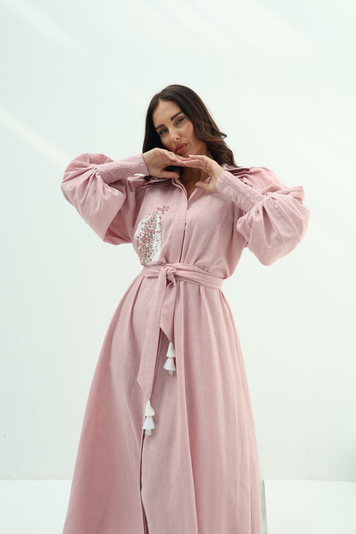 Linen pink dress – crystal design embroidered